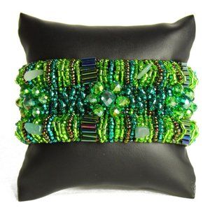 Czech Glass Bugle Bead Bracelet Iridescent Green